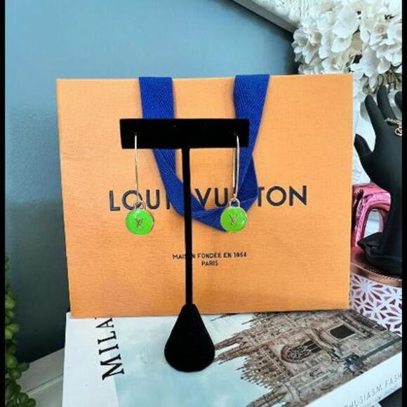 Louis Vuitton LV Gold & Lime Green Charms on Fish Hook Style Earrings (LVXX027) - Picture 4 of 6
